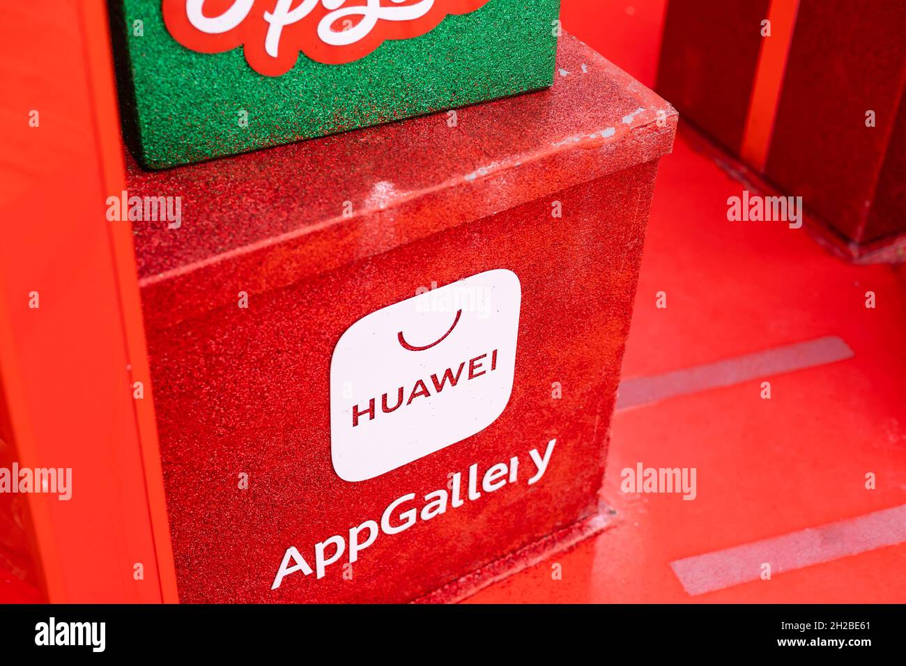 Kyiv, Ukraine - January 13, 2021: Close up christmas gift box with Huawei logo at the Christmas fair. Christmas Holidays at Palace Ukraine. Stock Photo