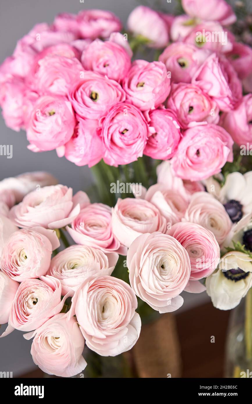 Set of white, pink and magenta flowers for Interior decorations. The work of the florist at a flower shop. Fresh cut flower. Stock Photo