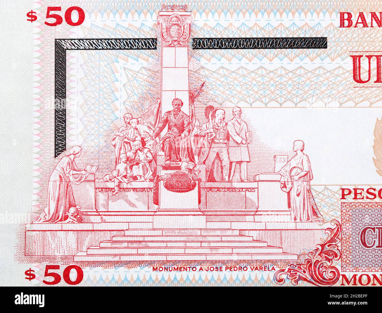Jose Pedro Varela monument from Uruguayan money Stock Photo