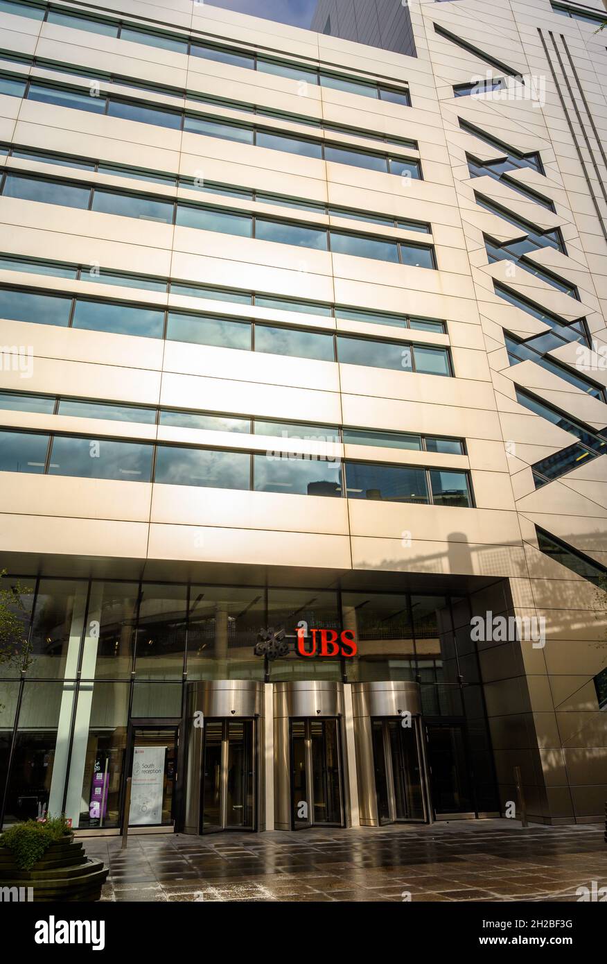 Part of the fron facade and the entrance to UBS AG bank's building at 5 Broadgate, London, England. Stock Photo