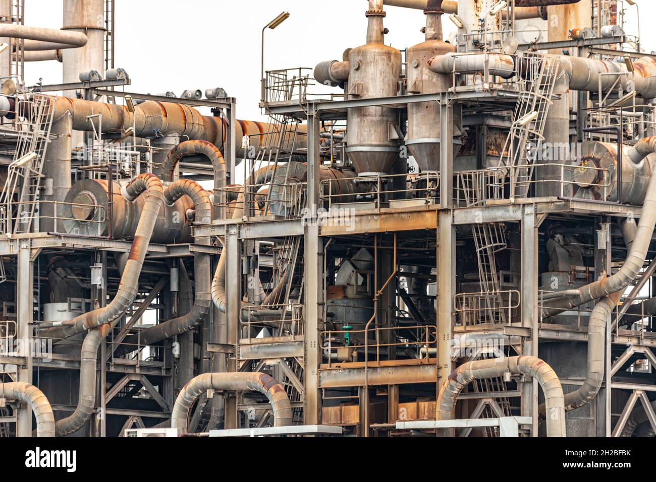 close up of Chemical plant and Steel heating and cooling pipelines Stock Photo