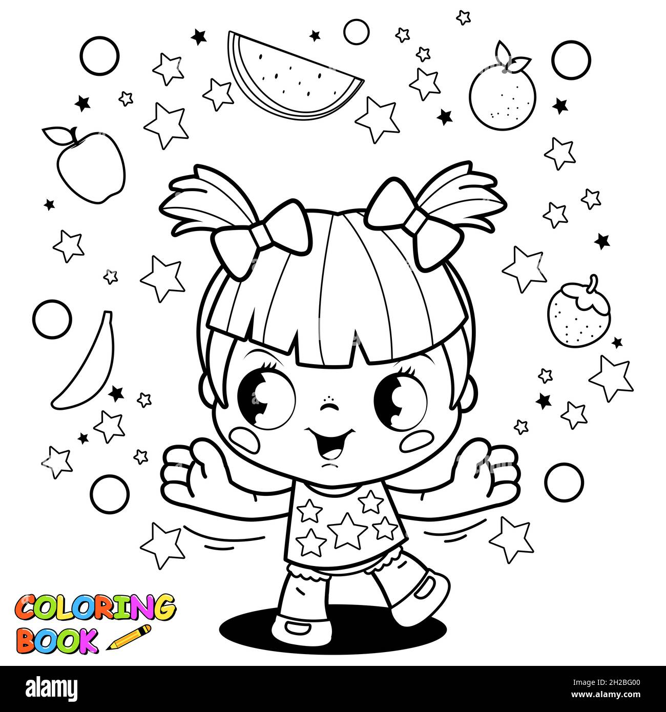 Cute little girl playing with fruit. Black and white coloring page. Stock Photo