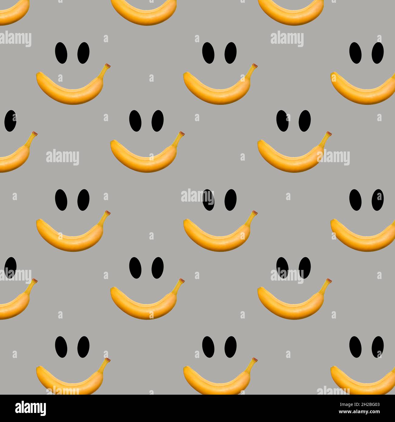 Smiing Banana fruit seamless pattern on gray. Trendy colors Summer tropical exotic fruit pattern, concept. Nature background, gift wrapping Stock Photo