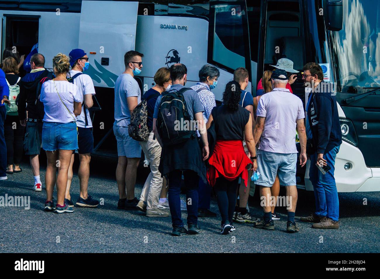 Santorini, Fira, Greece October 20, 2021 Crowd of tourists at the bus station, all the buses