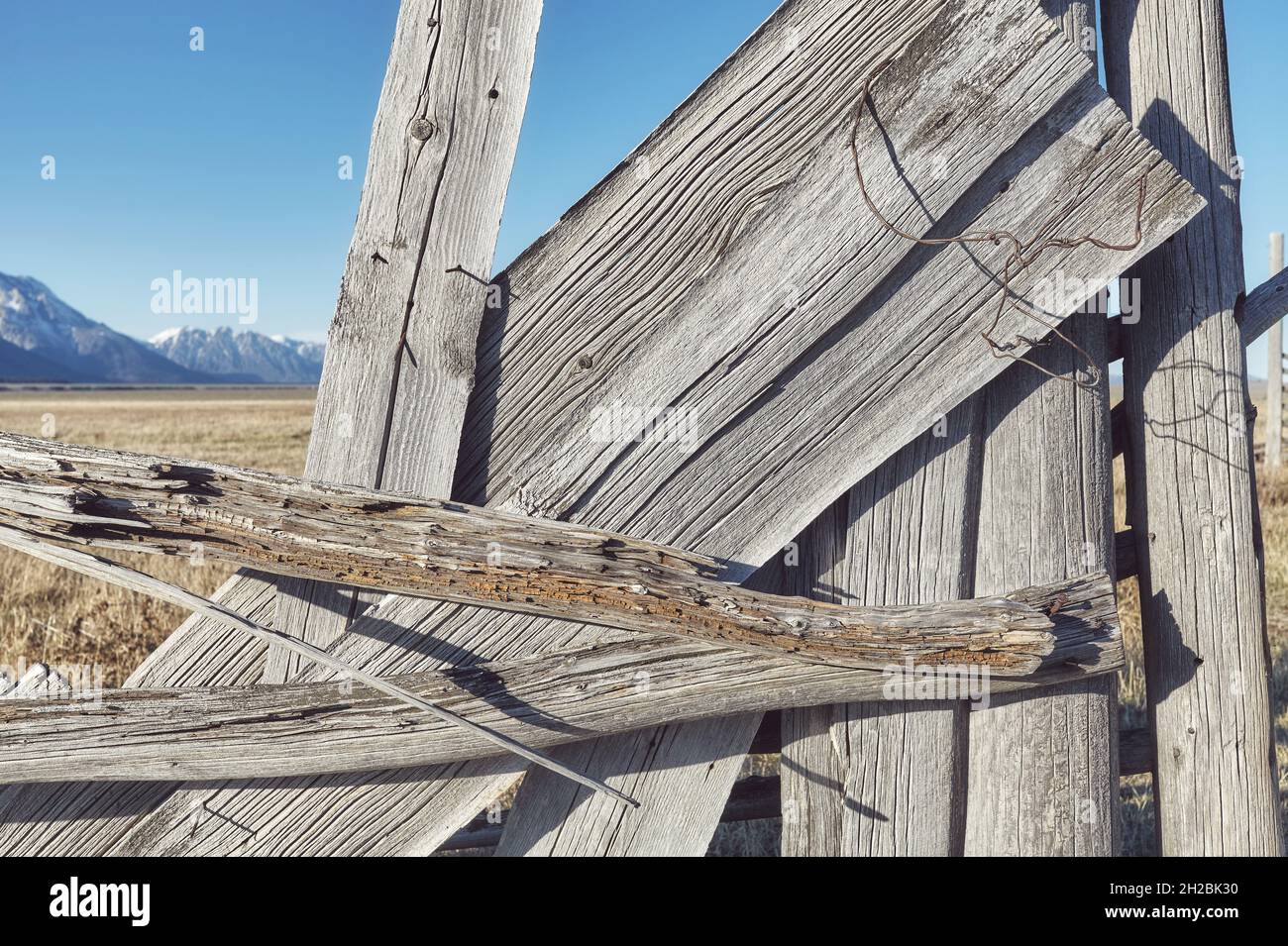 Old broken wooden fence, selective focus. Stock Photo