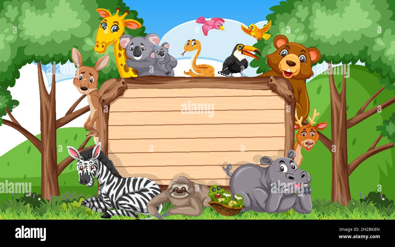 Empty wooden board with various wild animals in the forest illustration ...