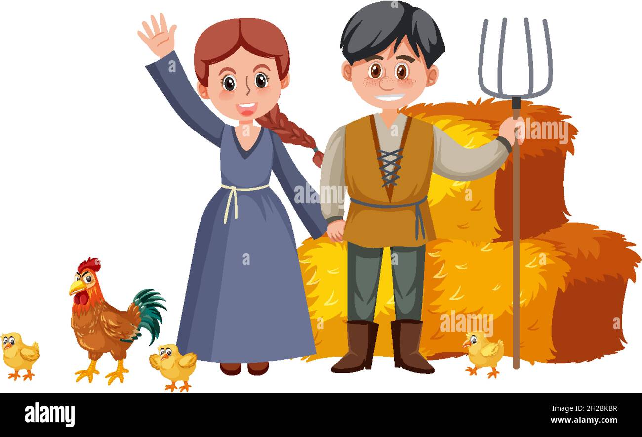 Couple medieval peasants with haystack illustration Stock Vector Image
