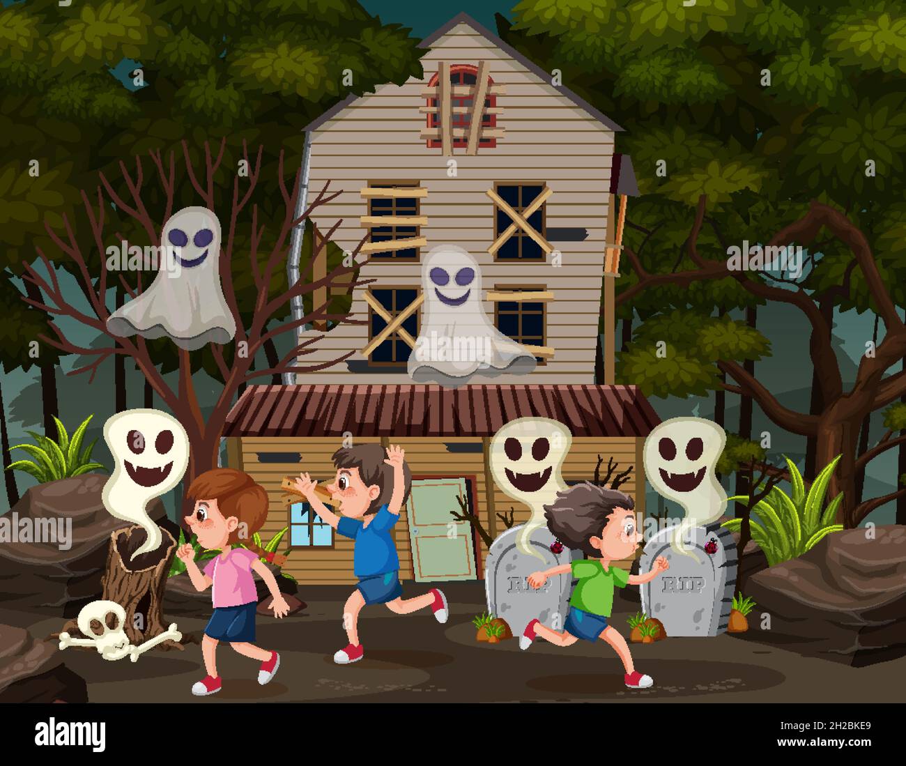 children-at-the-haunted-house-illustration-stock-vector-image-art-alamy