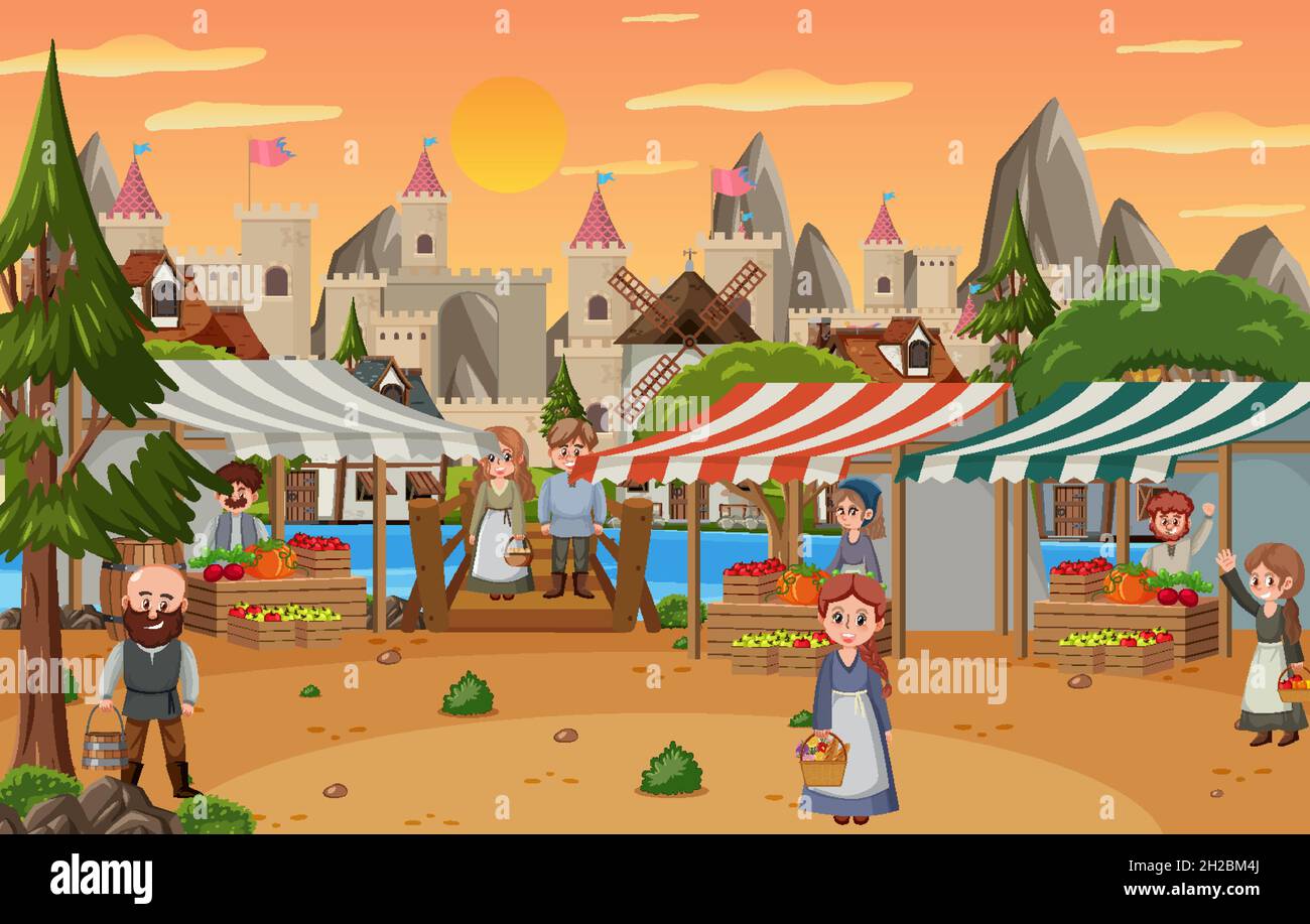Medieval town scene with villagers at the market place illustration ...