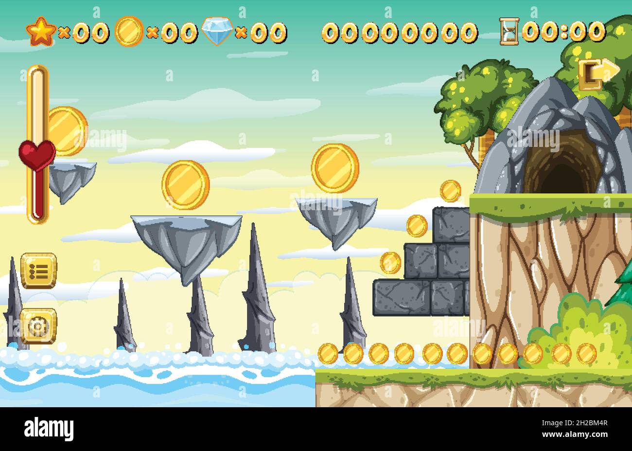 Collecting Coins Platformer Game Template illustration Stock Vector