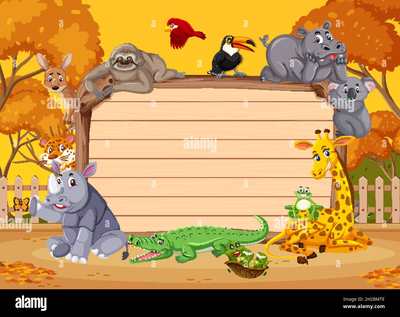 Empty wooden board with various wild animals in the forest illustration ...