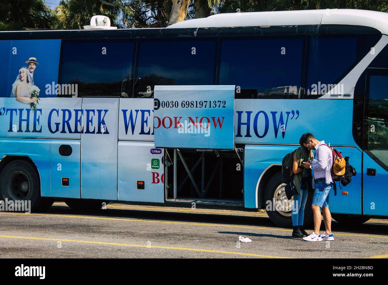 Santorini, Fira, Greece October 20, 2021 Buses at the bus station, all the buses depart and