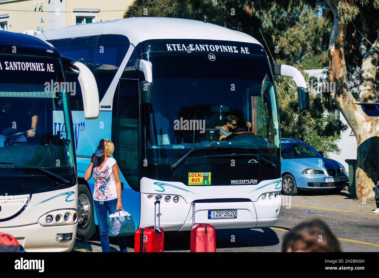 Santorini, Fira, Greece October 20, 2021 Buses at the bus station, all the buses depart and