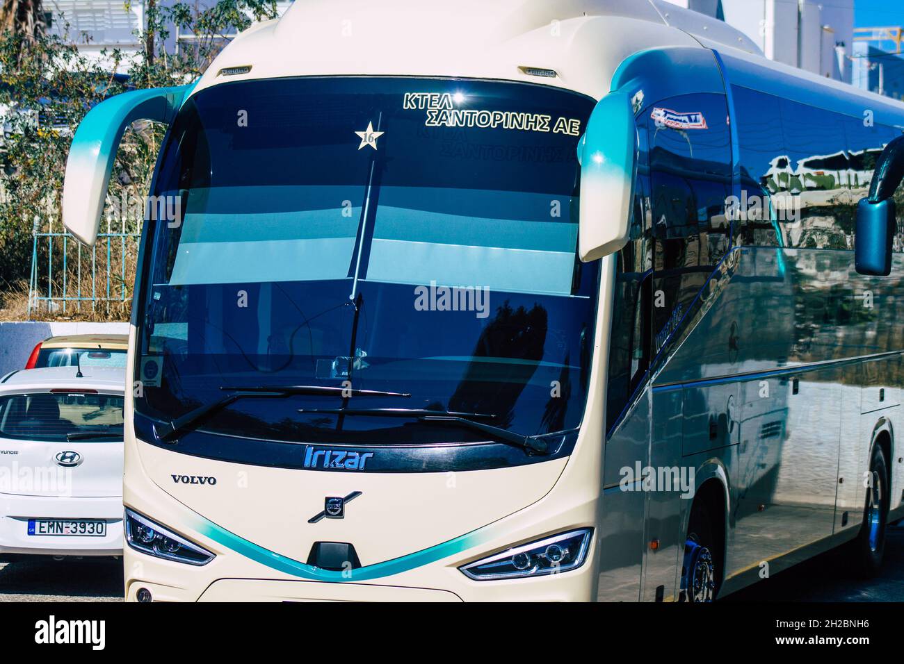 Santorini, Fira, Greece October 20, 2021 Buses at the bus station, all the buses depart and