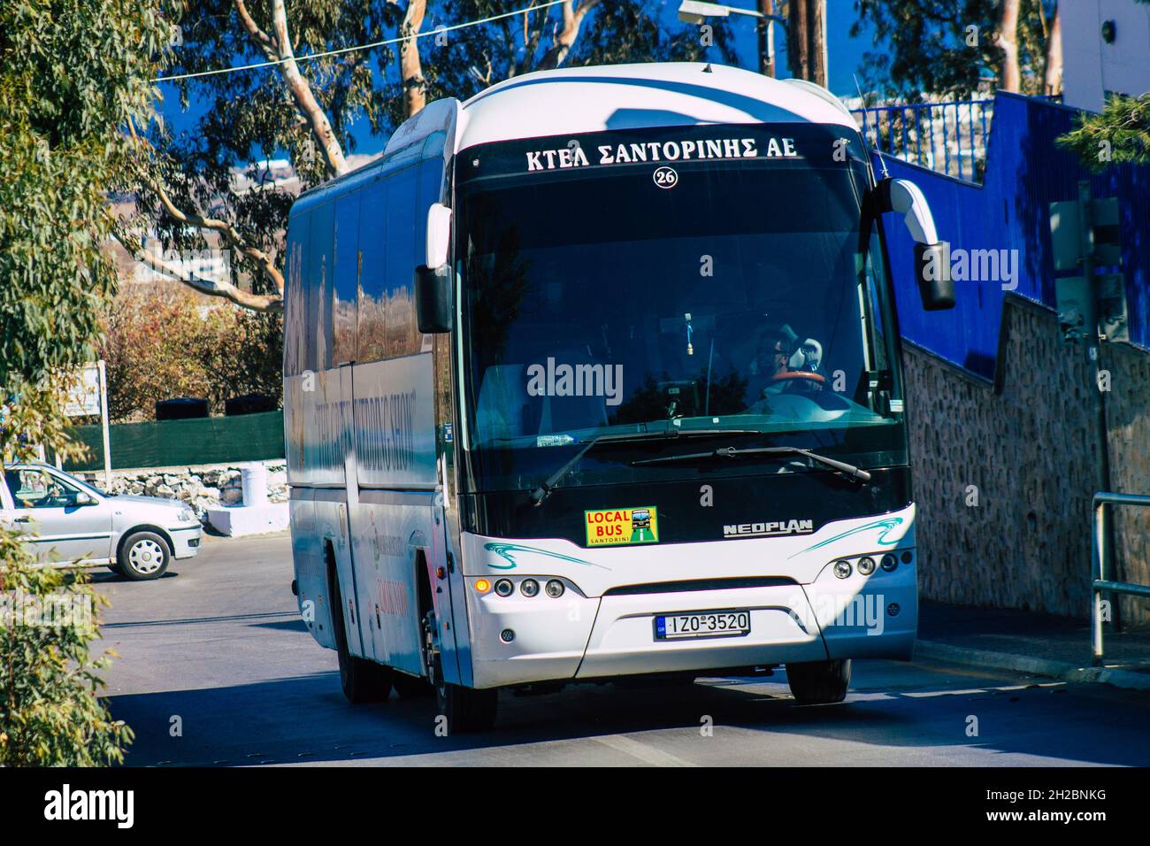 Santorini, Fira, Greece October 20, 2021 Buses at the bus station, all the buses depart and