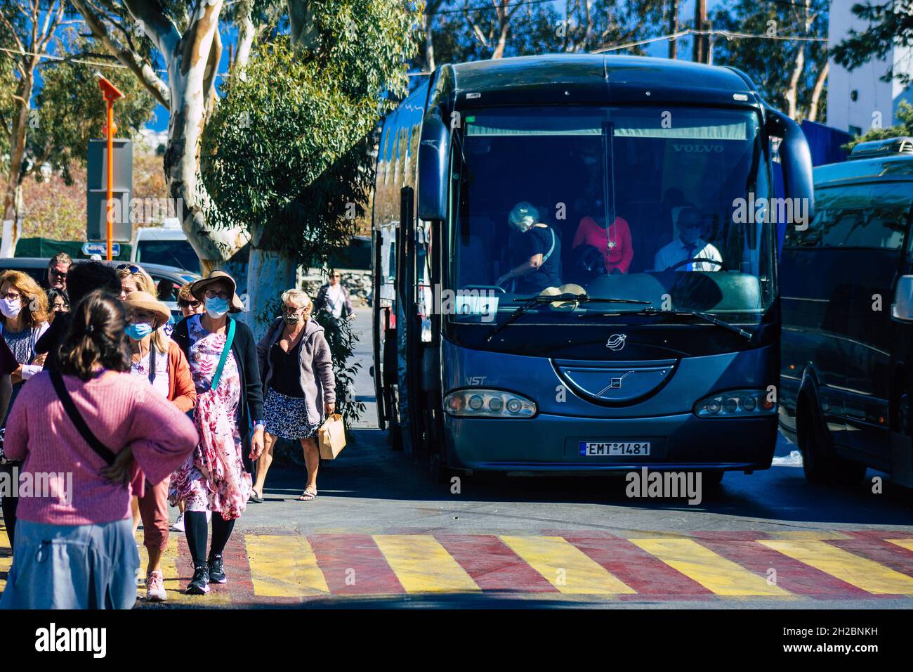 Santorini, Fira, Greece October 20, 2021 Buses at the bus station, all the buses depart and