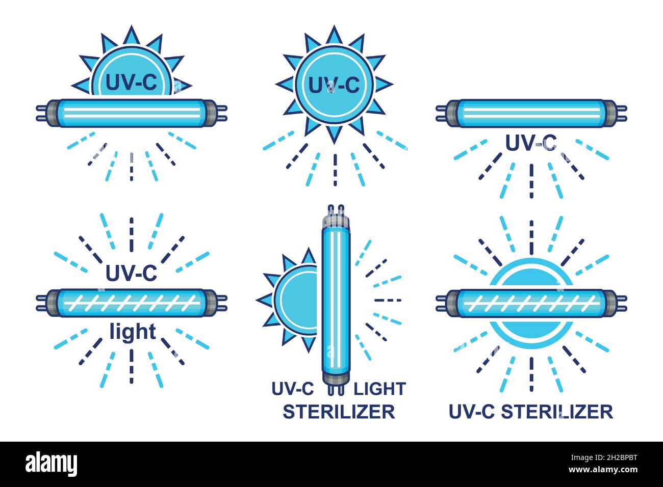 UV disinfection light bulb, quartz sterilizer lamp icon set. UVC ultraviolet antibacterial sterilization ray disinfect air Corona virus killing vector Stock Vector