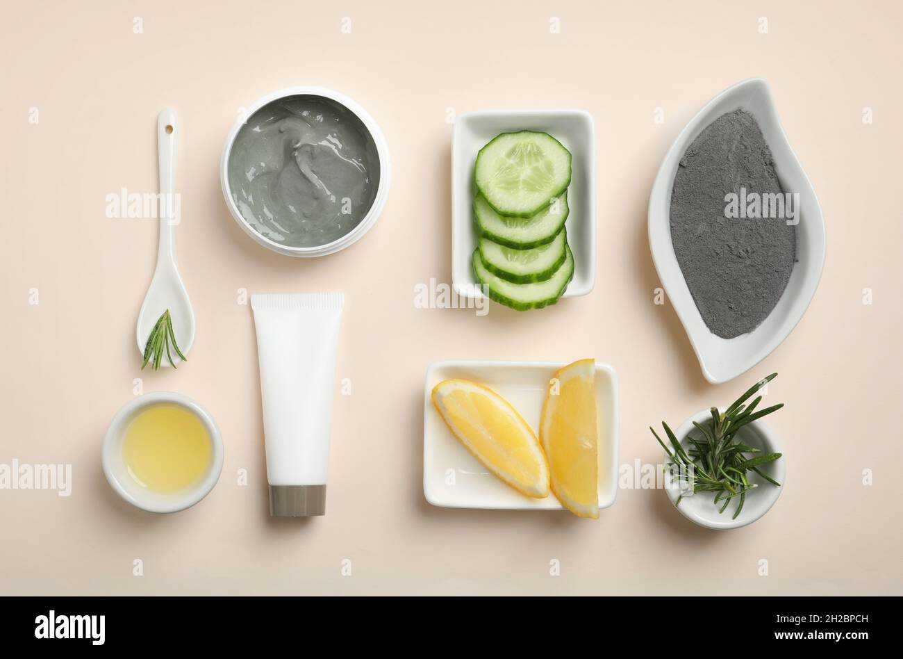 Homemade effective acne remedies and ingredients on light background ...
