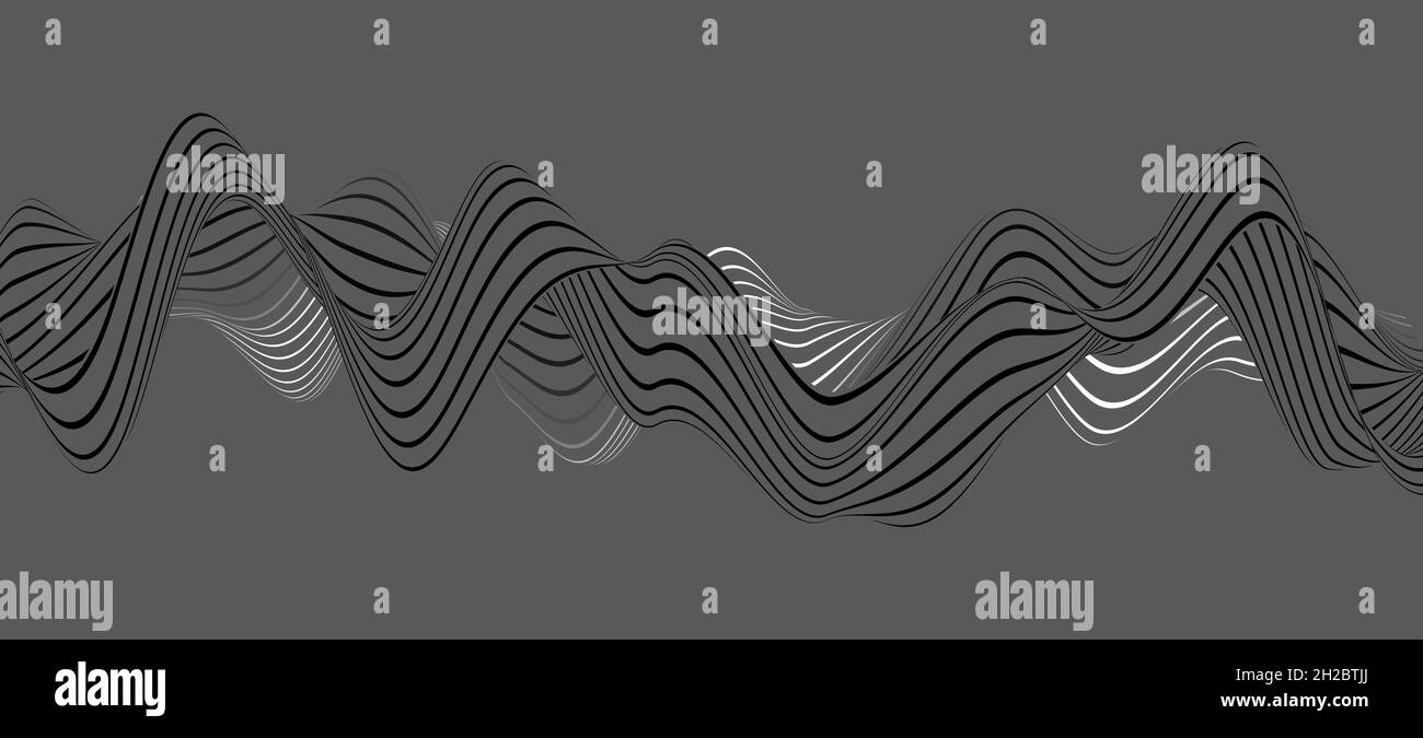 Monochrome 3D waveform structure with stripes, abstract visualization of flowing audio sound waves or voice tune against grey background Stock Photo