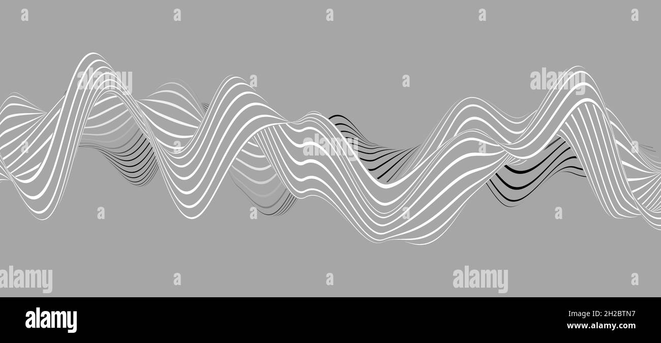 Monochrome 3D waveform structure with stripes, abstract visualization of flowing audio sound waves or voice tune against grey background Stock Photo