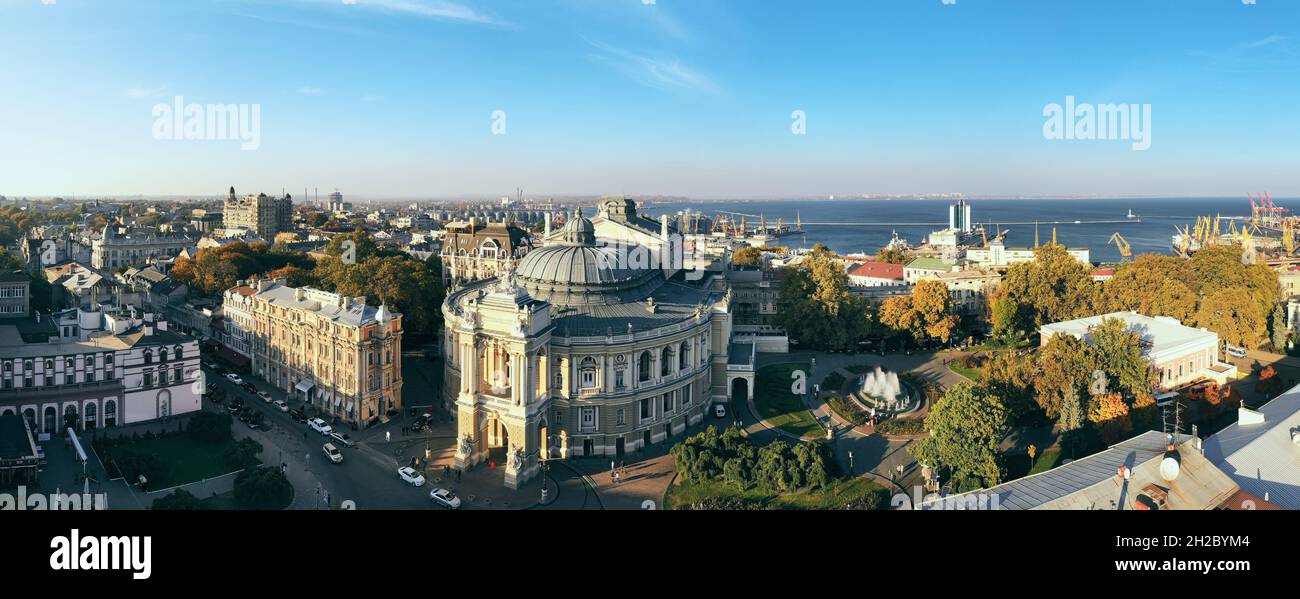Autumn panorama the National Opera and Ballet Theatre in Odessa Ukraine with city and port background. Stock Photo