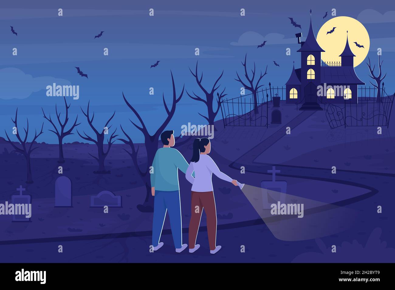 Explore haunted mansion at night flat color vector illustration Stock ...