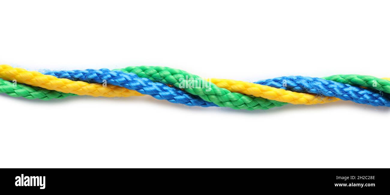 Twisted ropes strings on white background. Unity concept Stock Photo
