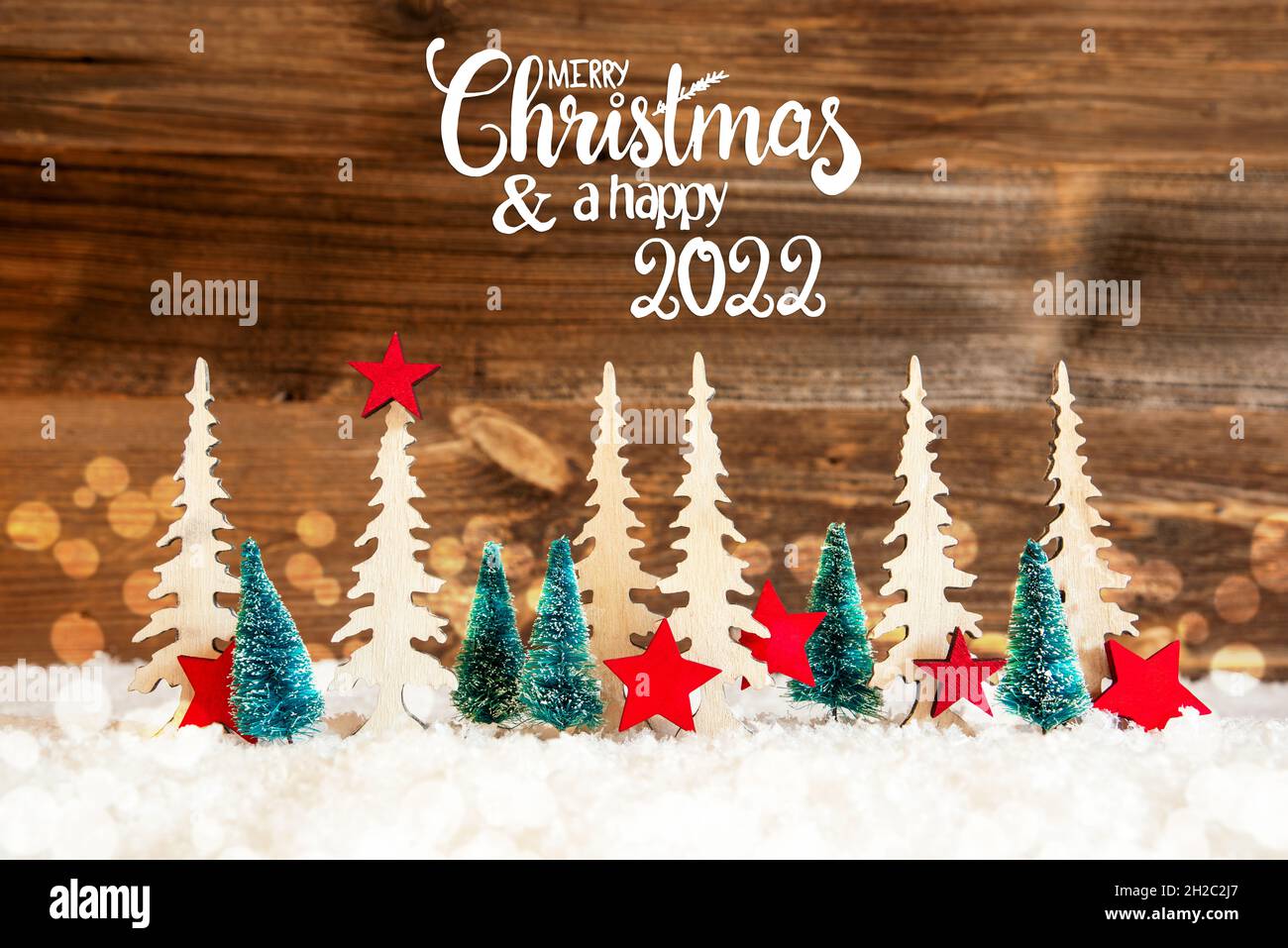 A Star For Christmas 2022 Tree, Snow, Red Star, Merry Christmas And Happy 2022, Wooden Background  Stock Photo - Alamy