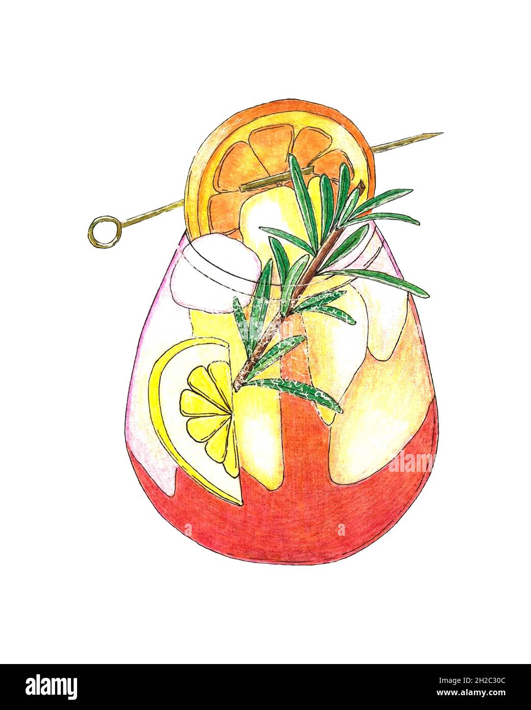 Classic Aperol Spritz cocktail party, handmade pencil sketch, isolated, white background. Illustration for your design. Stock Photo