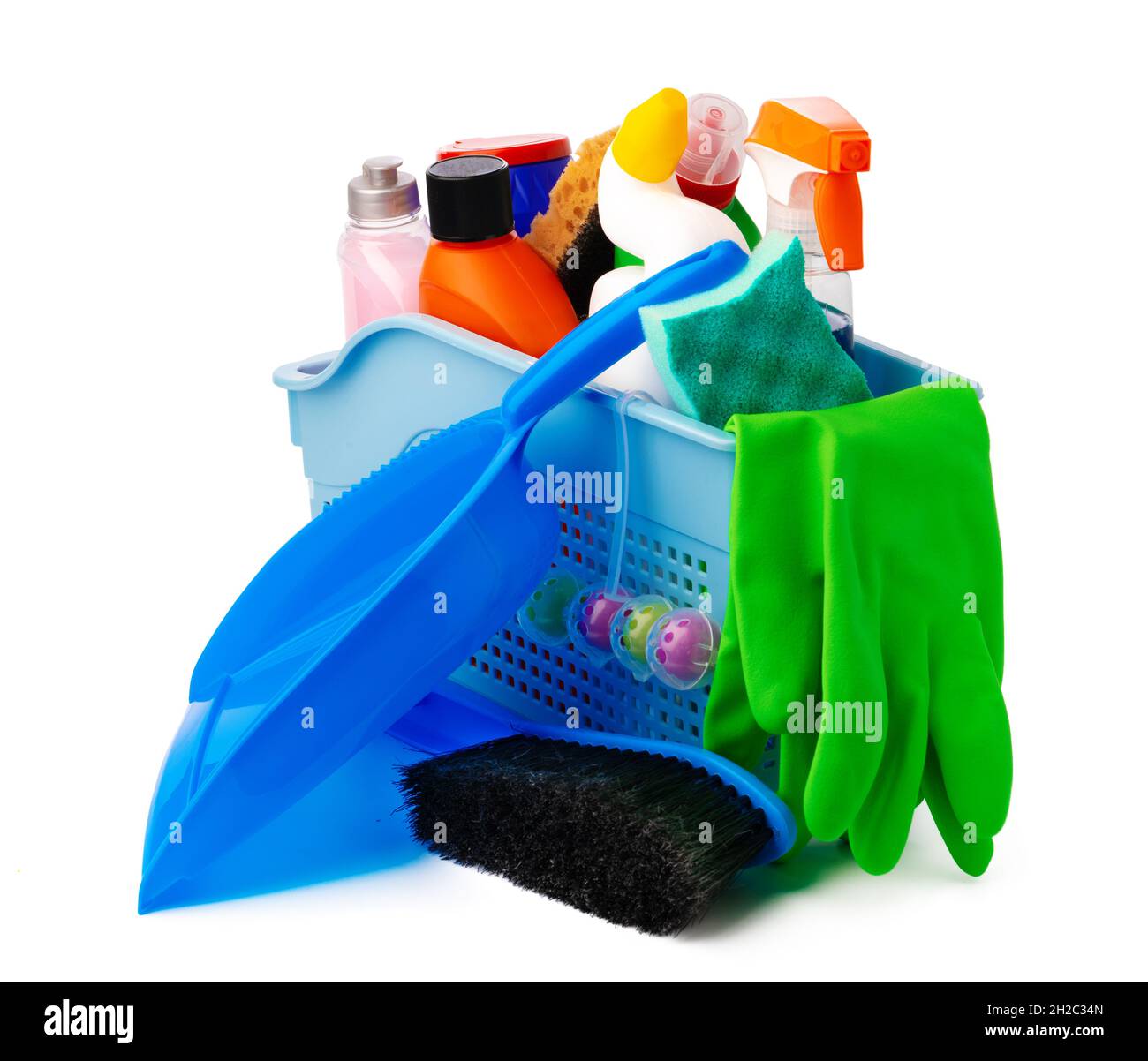 Cleaning items in basket isolated on white background Stock Photo