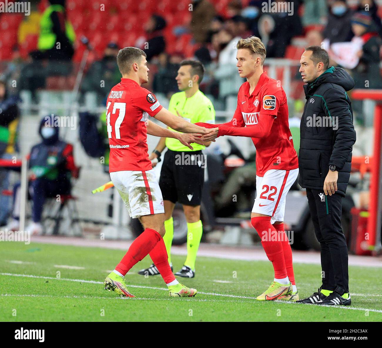 MOSCOW, RUSSIA, OCTOBER 20, 2021. The 2021/22 UEFA Europa League. Football  match between Spartak (Moscow) vs Leicester City (Leicester, England) at  Otkritie Arena in Moscow. Leicester von 3:4.Photo by Stupnikov Alexander/FC  Spartak