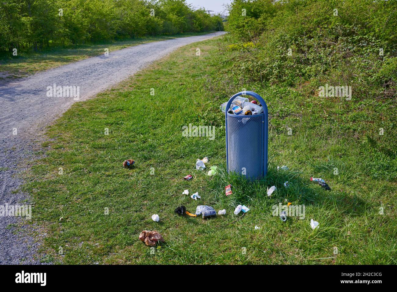 Overflowing dustbin at the hiking trail near Wicker, insufficient disposal, Germany, Hesse, Floersheim-Wicker Stock Photo