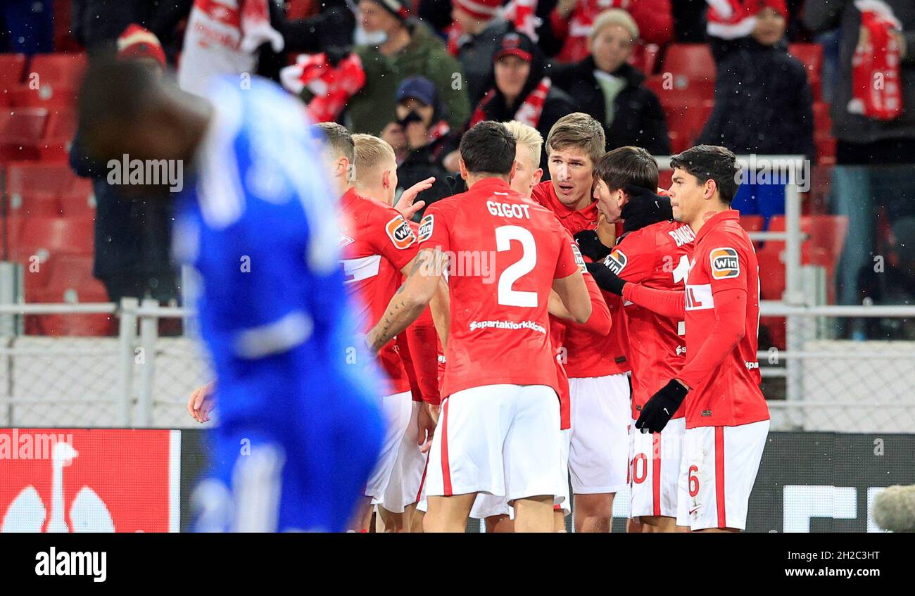 MOSCOW, RUSSIA, OCTOBER 20, 2021. The 2021/22 UEFA Europa League. Football  match between Spartak (Moscow) vs Leicester City (Leicester, England) at  Otkritie Arena in Moscow. Leicester von 3:4.Photo by Stupnikov Alexander/FC  Spartak