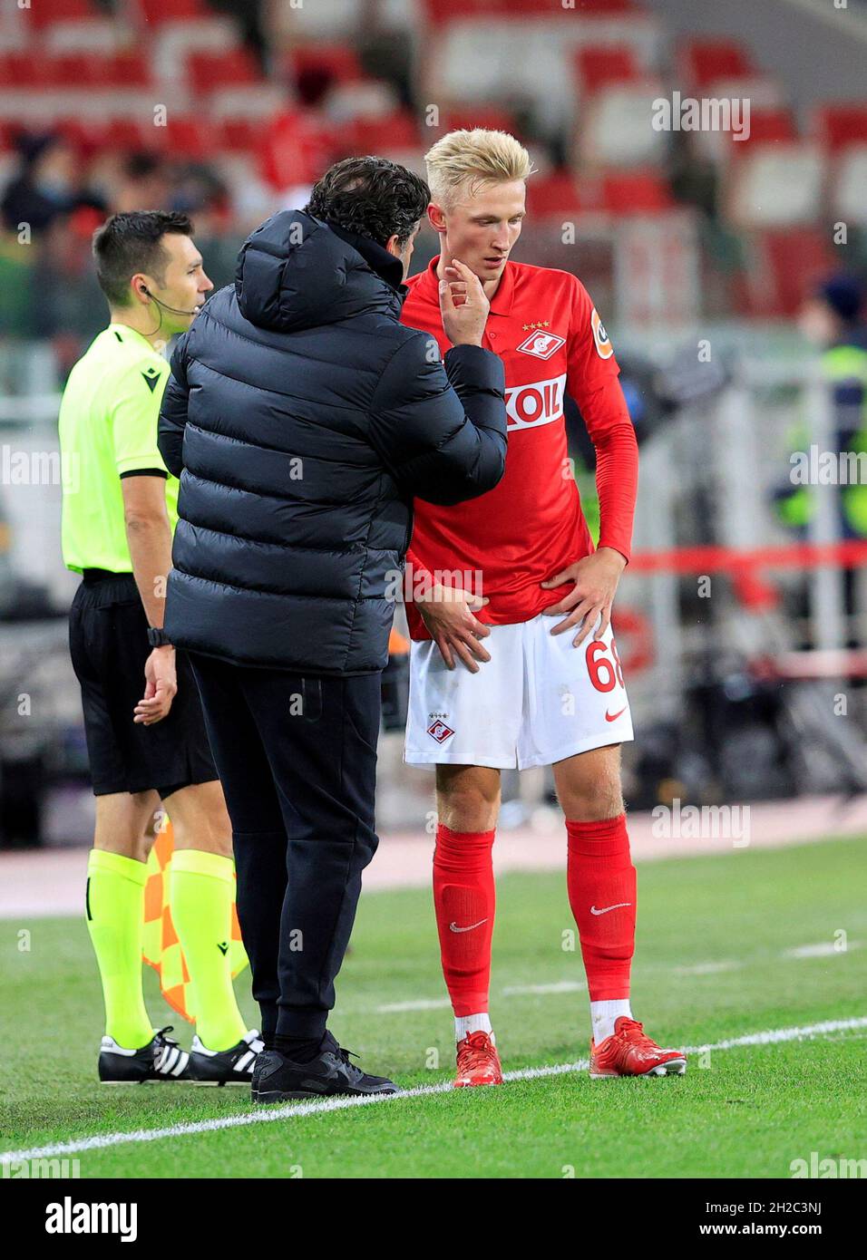 MOSCOW, RUSSIA, OCTOBER 20, 2021. The 2021/22 UEFA Europa League. Football  match between Spartak (Moscow) vs Leicester City (Leicester, England) at  Otkritie Arena in Moscow. Leicester von 3:4.Photo by Stupnikov Alexander/FC  Spartak