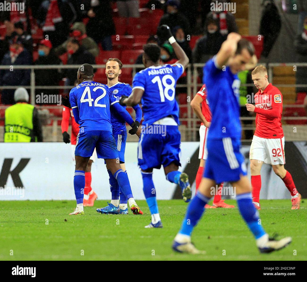 MOSCOW, RUSSIA, OCTOBER 20, 2021. The 2021/22 UEFA Europa League. Football  match between Spartak (Moscow) vs Leicester City (Leicester, England) at  Otkritie Arena in Moscow. Leicester von 3:4.Photo by Stupnikov Alexander/FC  Spartak