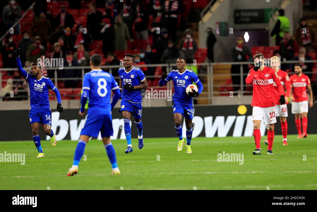 MOSCOW, RUSSIA, OCTOBER 20, 2021. The 2021/22 UEFA Europa League. Football  match between Spartak (Moscow) vs Leicester City (Leicester, England) at  Otkritie Arena in Moscow. Leicester von 3:4.Photo by Stupnikov Alexander/FC  Spartak