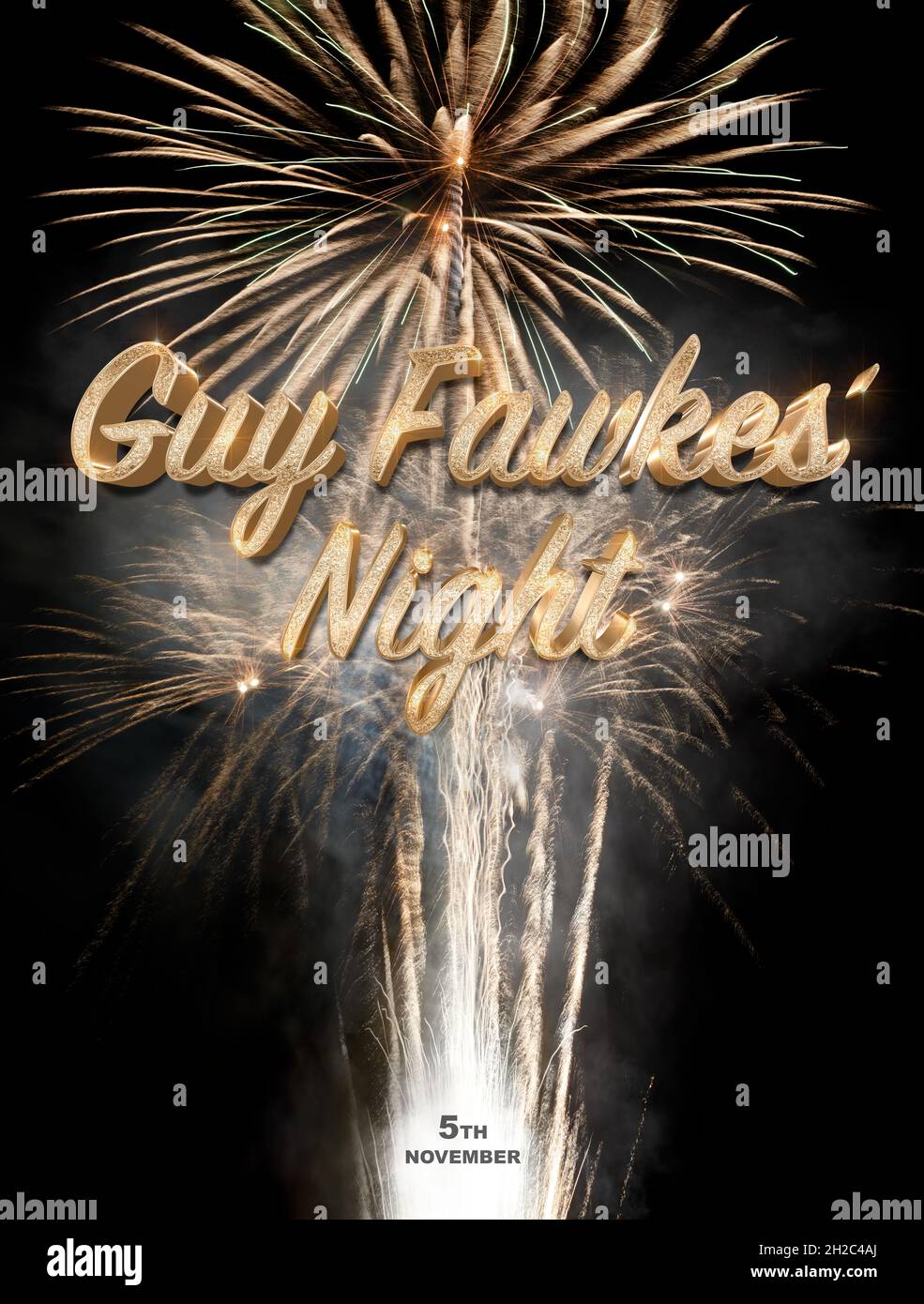 Guy Fawkes Night poster design with glowing golden text and fireworks with fiery bursting rockets on black night sky Stock Photo