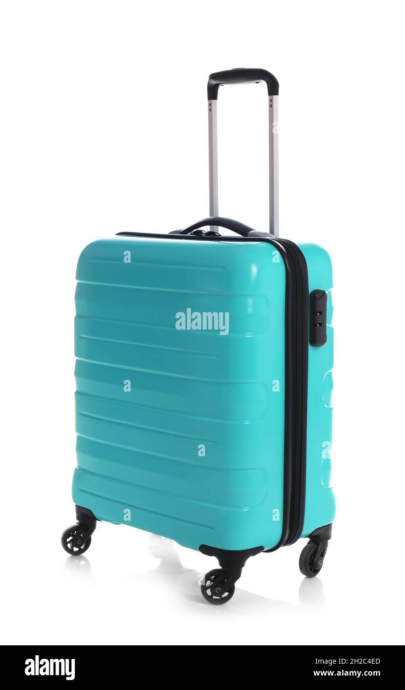 Modern suitcase for travelling on white background Stock Photo Alamy