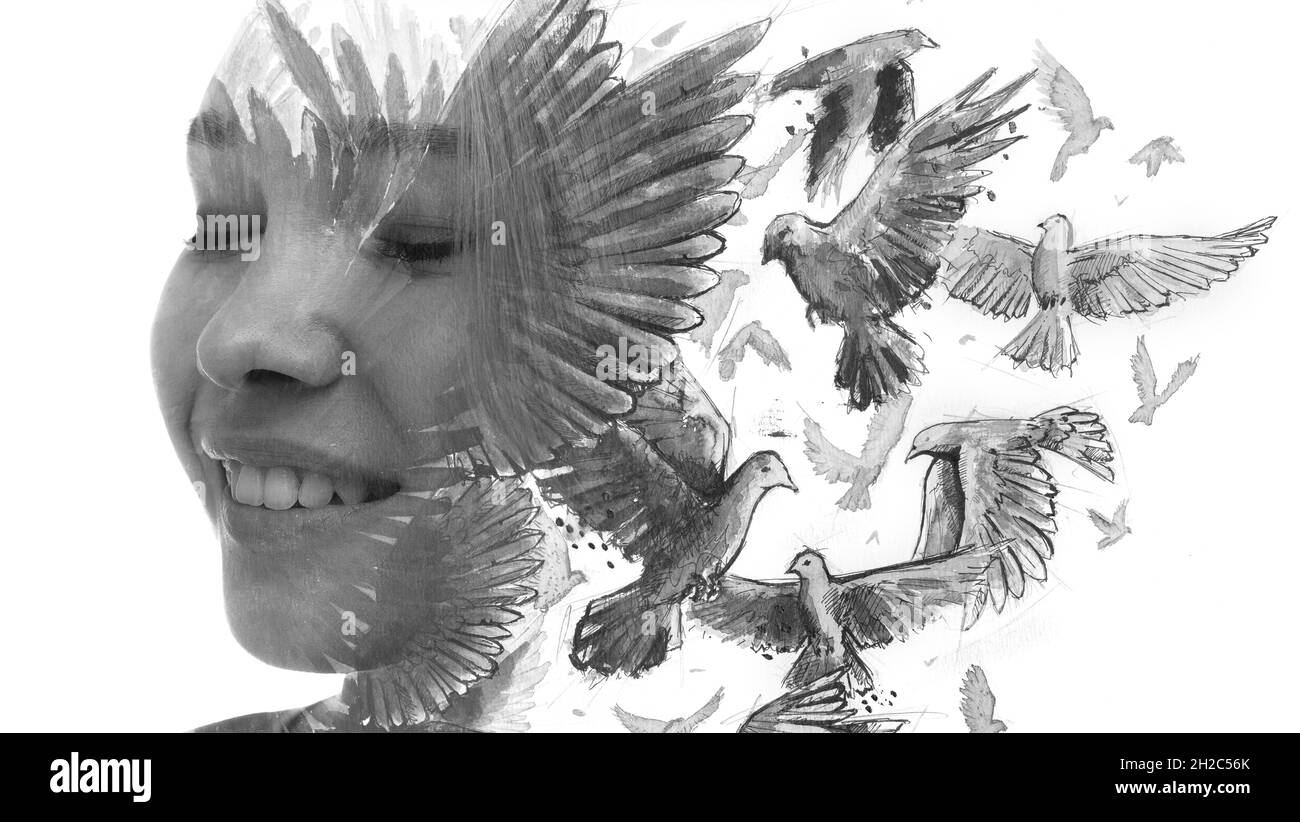 Paintography. A portrait of a smiling woman with closed eyes combined ...