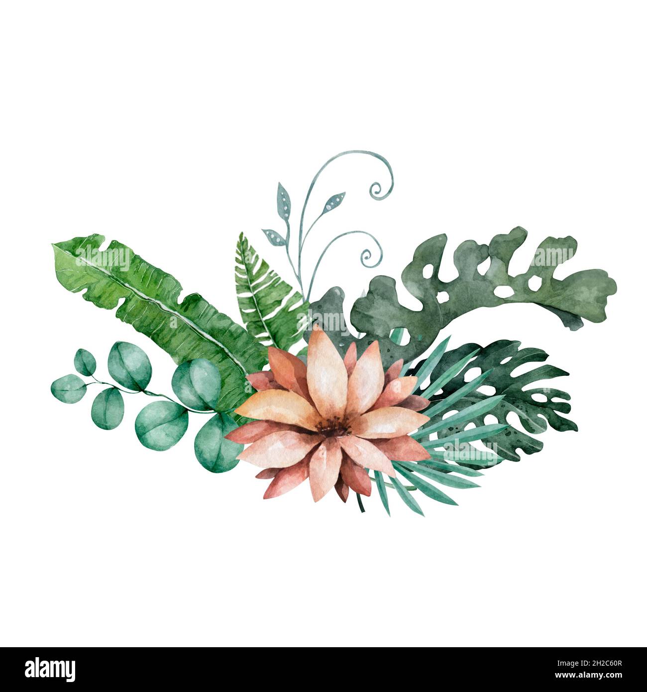 Watercolor gentle light palm flowers. Tropical wreath green leaves