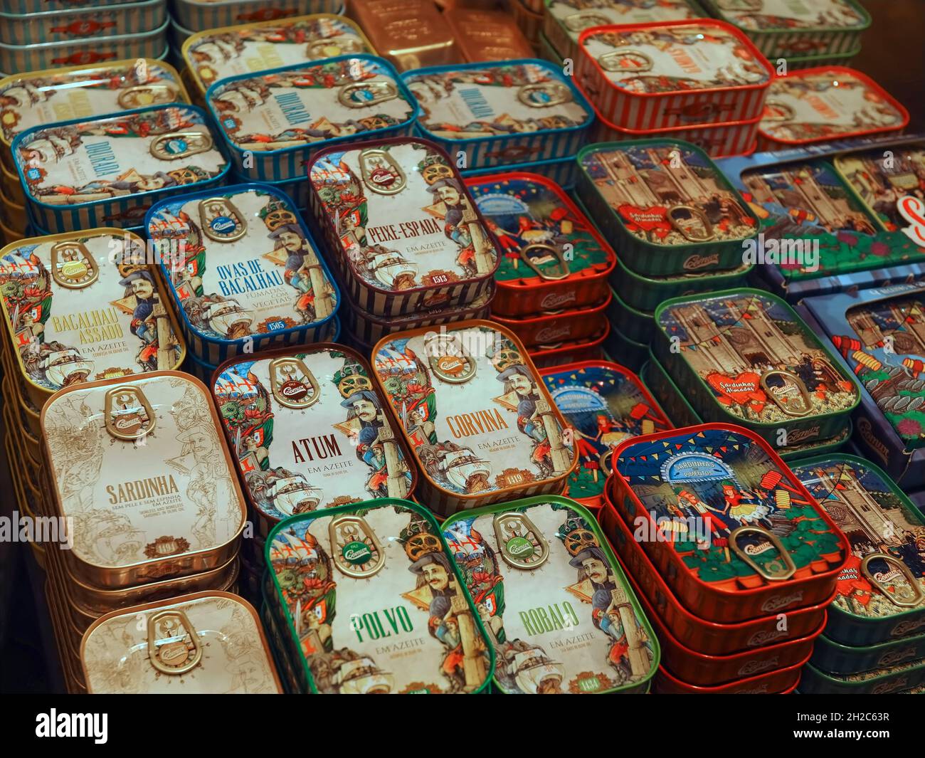 Lots of fish cans inside the Comur 1942 shop in Lisbon in Portugal Stock Photo