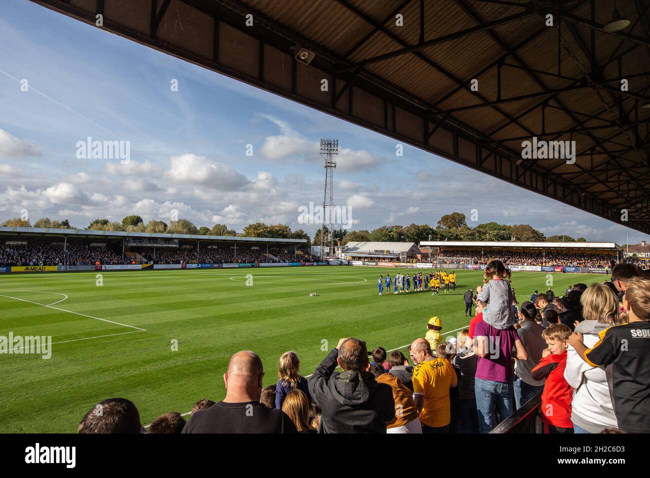 View of football match from D & A Main Stand, Abbey Stadium home of Cambridge United Football Club Stock Photo