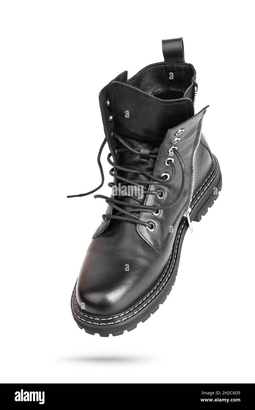 Black boots isolated on white. Steel cap leather boots isolated on