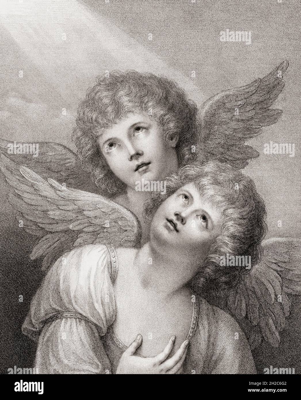 Two cherubim.  Two angels.  After a late 18th century engraving by Francesco Bartolozzi from a work by Matthew William Peters. Stock Photo