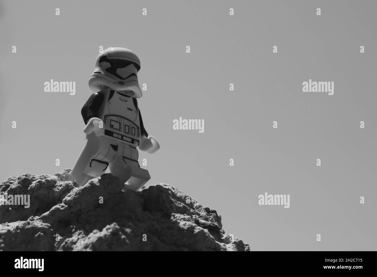 Chernihiv, Ukraine, July 13, 2021. A plastic imperial stormtrooper from Star Wars against a clear sky background. Minifigure close-up. Illustrative ed Stock Photo