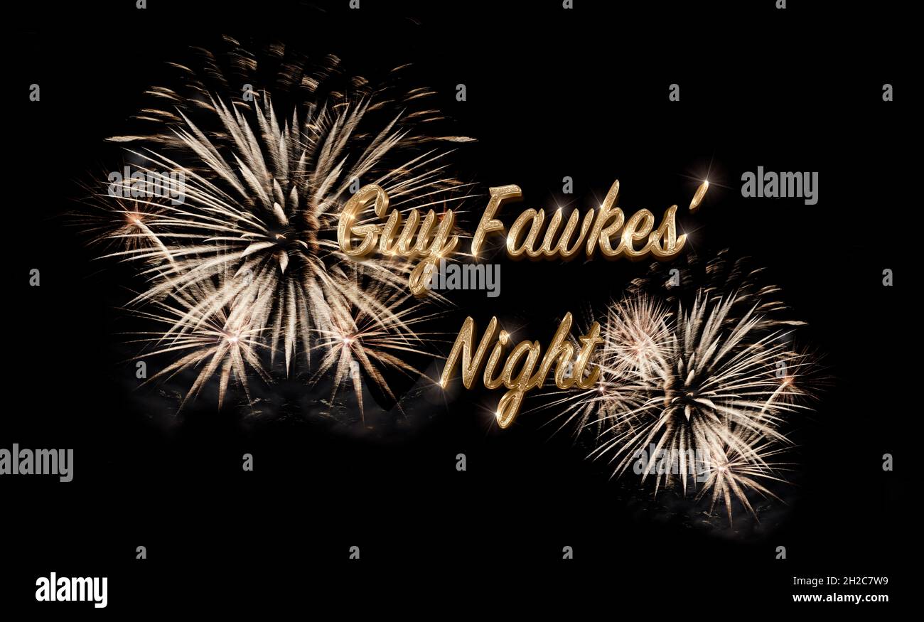 Guy Fawkes Night fireworks display card or poster design with fiery bursting rockets in a night sky and glowing golden text Stock Photo
