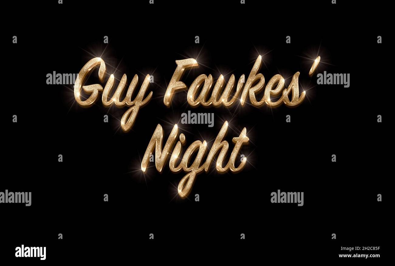 Guy Fawkes' Night text with sparkling gold calligraphy isolated on black background Stock Photo