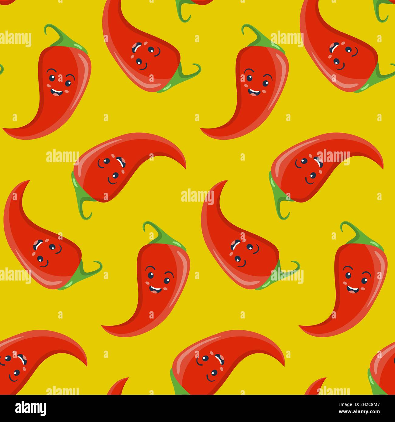 Seamless pattern, character smiling red chili pepper jalapeno, vector illustration for textiles, wallpaper and wrapping paper Stock Vector