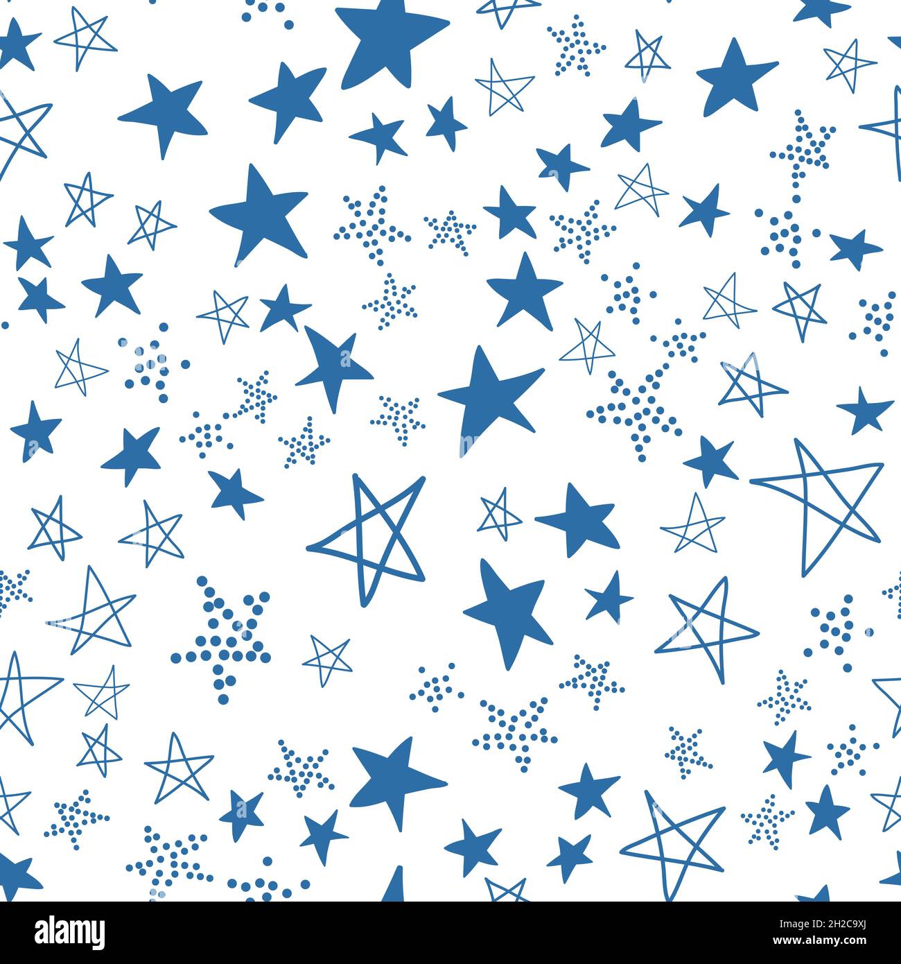Seamless pattern, chaotically scattered stars, blue white design vector illustration with star element Stock Vector