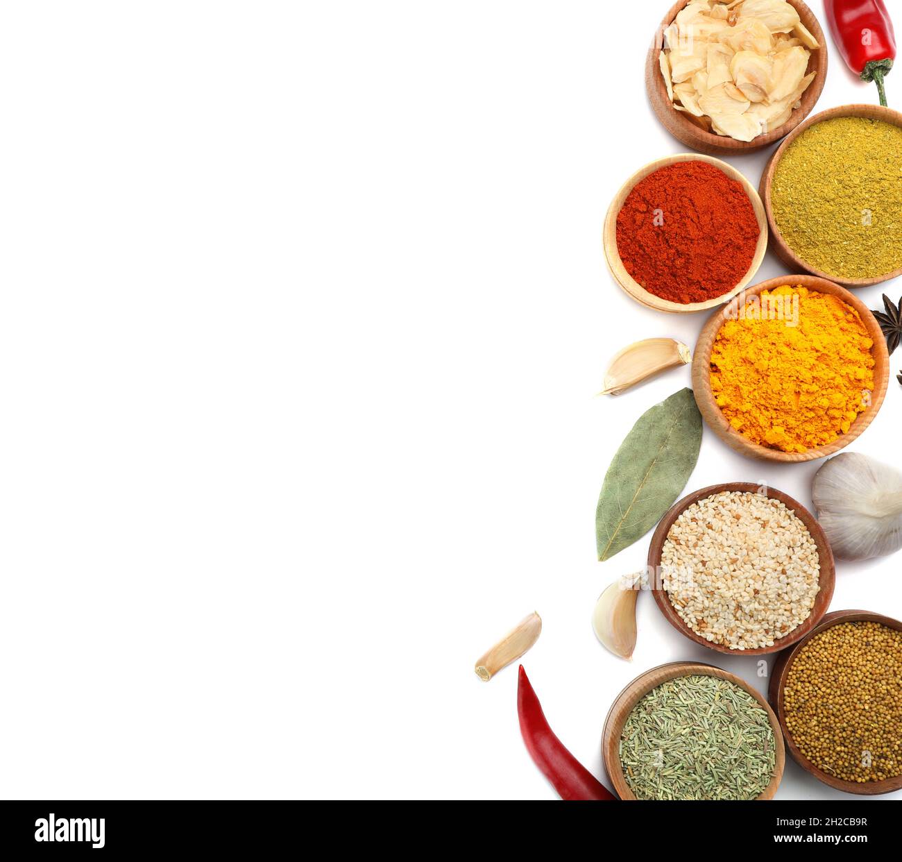 Beautiful composition with different aromatic spices on white background  Stock Photo - Alamy
